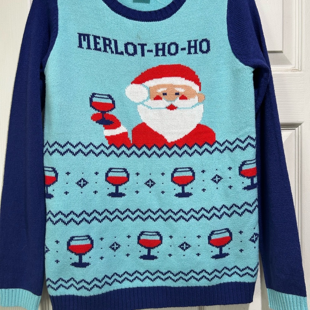Blue and Red Crewneck Sweater with Festive Design